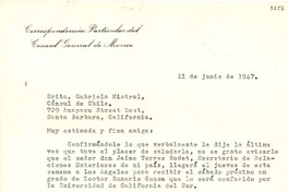 [Carta] 1947 jun. 11, Los Ángeles, California [a] Gabriela Mistral, Santa Bárbara, California