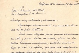 [Carta] 1948 sept. 17, México [a] Gabriela Mistral, Los Angeles, EE.UU.