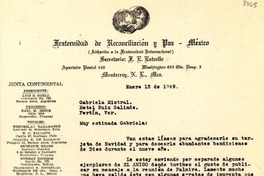 [Carta] 1949 ene. 13, Monterrey, México [a] Gabriela Mistral, Hotel Ruíz Galindo, Fortín [de las Flores], Ver., [México]