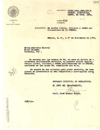 [Oficio N° 2151], 1949 dic. 2, México, D. F. [a] Gabriela Mistral, Hotel Mocambo, Veracruz, Ver., [México]