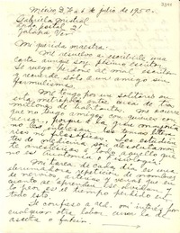 [Carta] 1950 jul. 6, México D. F. [a] [Gabriela Mistral], Apartado Postal 21, Jalapa, Ver., [México]