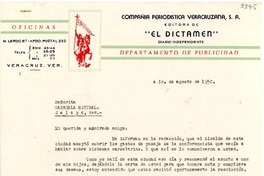 [Carta] 1950 ago. 1, Veracruz, Ver., [México] [a] Gabriela Mistral, Jalapa, Ver., [México]