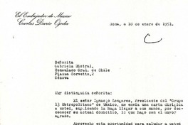 [Carta] 1951 ene. 18, Roma, [Italia] [a] Gabriela Mistral, Consulado Gral. de Chile, Génova, Italia