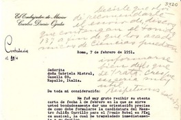[Carta] 1951 feb. 7, Roma, [Italia] [a] Gabriela Mistral, Rapallo, Italia