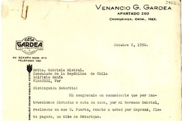 [Carta] 1950 oct. 2, Chihuahua, México [a] Gabriela Mistral, Veracruz