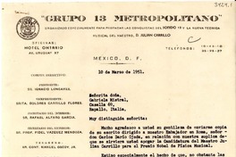 [Carta] 1951 mar. 10, México, D.F. [a] Gabriela Mistral, Rapallo, Italia