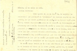 [Carta] 1951 mar. 15, México, D.F., México [a] Gabriela [Mistral]