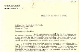 [Carta] 1951 mar. 15, Tacubaya, México, D.F. [a] Gabriela Mistral, Apartado postal 338, Veracruz, Ver., [México]