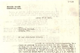 [Carta] 1952 abr. 28, Concordia, [México] [a] Gabriela Mistral, Jalapa