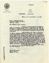 [Carta] 1952 sept. 4, México D.F. [a] Gabriela Mistral, Nápoles, Italia