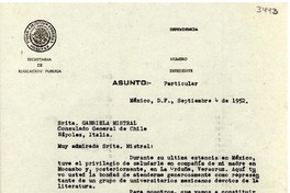 [Carta] 1952 sept. 4, México D.F. [a] Gabriela Mistral, Nápoles, Italia