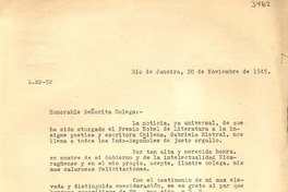 [Carta] 1945 nov. 20, Rio de Janeiro, [Brasil] [a] Lucila Godoy Alcayaga, Cónsul de Chile, Petrópolis, [Brasil]