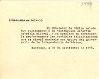 [Tarjeta] 1954 sept. 21, Santiago [a] Gabriela Mistral