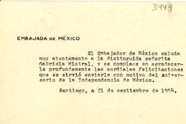 [Tarjeta] 1954 sept. 21, Santiago [a] Gabriela Mistral