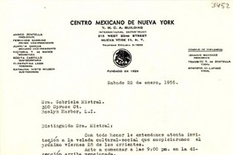[Carta] 1955 ene. 22, New York [a] Gabriela Mistral, Roslyn Harbor, [EE.UU]
