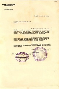 [Carta] 1938 jul. 18, Lima [a] Gabriela Mistral, Lima
