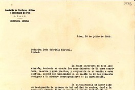 [Carta] 1938 jul. 18, Lima [a] Gabriela Mistral, Lima