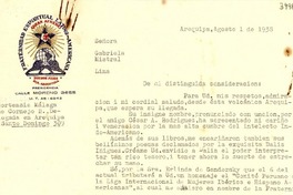 [Carta] 1938 ago. 1, Arequipa, [Perú] [a] Gabriela Mistral, Lima