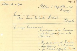 [Carta] 1943 oct. 26, Altos, Rep. del Paraguay [a] Gabriela Mistral, Petrópolis