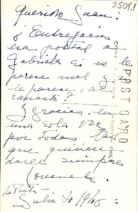 [Tarjeta postal] 1946 jul., Callao, Perú [a] Gabriela Mistral