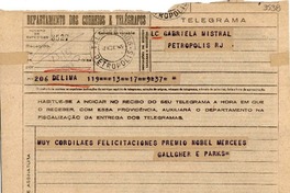 [Telegrama] 1945 nov. 17, Lima, [Perú] [a] Gabriela Mistral, Petrópolis, RJ, [Brasil]