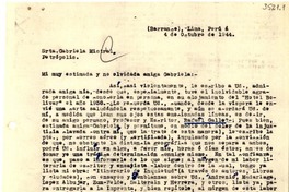 [Carta] 1944 oct. 4, Lima, Perú [a] Gabriela Mistral, Petrópolis