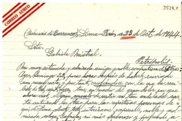 [Carta] 1944 oct. 23, Lima, Perú [a] Gabriela Mistral, Petrópolis