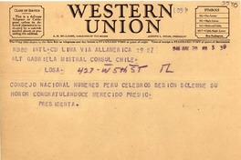 [Telegrama] 1946 mayo 28, Lima, [Perú] [a] Gabriela Mistral, Cónsul Chile, Los A, [EE.UU.]