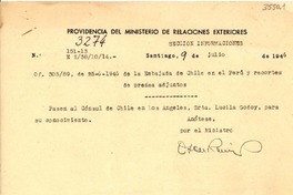 [Carta] 1946 jul. 9, Santiago [a] Gabriela Mistral, Los Ángeles