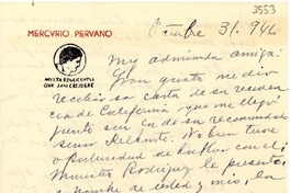 [Carta] 1946 oct. 31, Perú [a] Gabriela Mistral