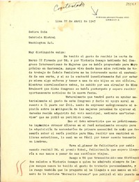 [Carta] 1947 abr. 22, Lima [a] Gabriela Mistral, Washington, D.C.