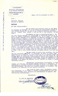 [Carta] 1954 sept. 22, Lima, Perú [a] Gabriela Mistral, Santiago, [Chile]