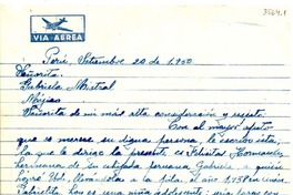 [Carta] 1950 sept. 20, Perú [a] Gabriela Mistral, México