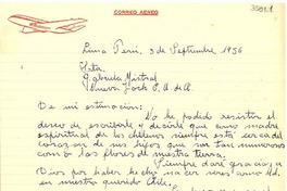[Carta] 1956 sept. 3, Lima, Perú [a] Gabriela Mistral, N. York