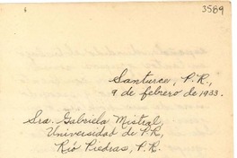 [Carta] 1933 feb. 9, Santurce, Puerto Rico [a] Gabriela Mistral, Río Piedras, Puerto Rico