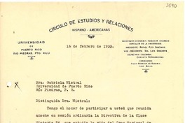 [Carta] 1933 feb. 16, Río Piedras, Puerto Rico [a] Gabriela Mistral, Río Piedras, Puerto Rico