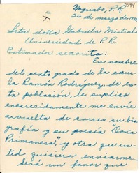 [Carta] 1933 mar. 26, Naguabo, Puerto Rico [a] Gabriela Mistral, Universidad de Puerto Rico