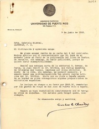 [Carta] 1933 jun. 9, Río Piedras, Puerto Rico [a] Gabriela Mistral, Adjuntas, Puerto Rico