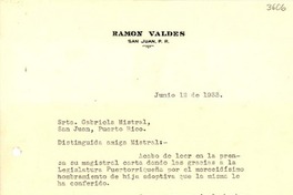[Carta] 1933 jun. 19, San Juan, Puerto Rico [a] Gabriela Mistral, San Juan, Puerto Rico