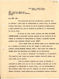 [Carta] 1934 feb. 9, San Juan, Puerto Rico [a] Gabriela Minstral [i.e. Mistral], Madrid, España