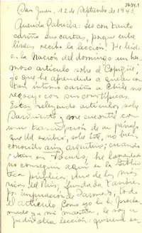 [Carta] 1943 sept. 12, San Juan, [Argentina] [a] Gabriela Mistral