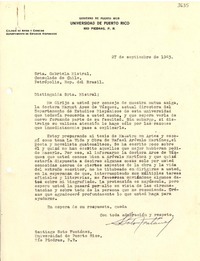 [Carta] 1943 sept. 27, Río Piedras, P. R. [a] Gabriela Mistral, Petrópolis, Brasil