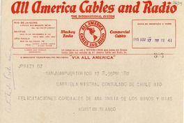 [Telegrama] 1945 nov. 17, San Juan, Puerto Rico [a] Gabriela Mistral, Río de Janeiro