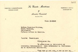 [Carta] 1948 mayo 22, San Juan, Puerto Rico [a] Gabriela Mistral, Santa Barbara, California