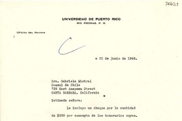 [Carta] 1948 jun. 22, Río Piedras, Puerto Rico [a] Gabriela Mistral, Santa Barbara, California