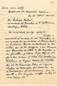 [Carta] 1950 abr. 30, Madrid, España [a] Gabriela Mistral, Santiago, Chile