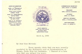 [Carta] 1939 mar. 6, San Antonio, Texas, [EE.UU.] [a] Gabriela Mistral, Washington D.C., [EE.UU.]