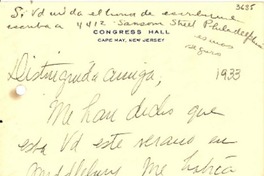 [Carta] 1933, New Jersey [a] Gabriela Mistral