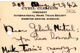 [Tarjeta] 1942 ago. 20, Webster Groves, Missouri [a] Gabriela Mistral