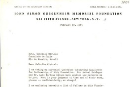 [Carta] 1944 feb. 29, New York, EE.UU. [a] Gabriela Mistral, Río de Janeiro, Brasil